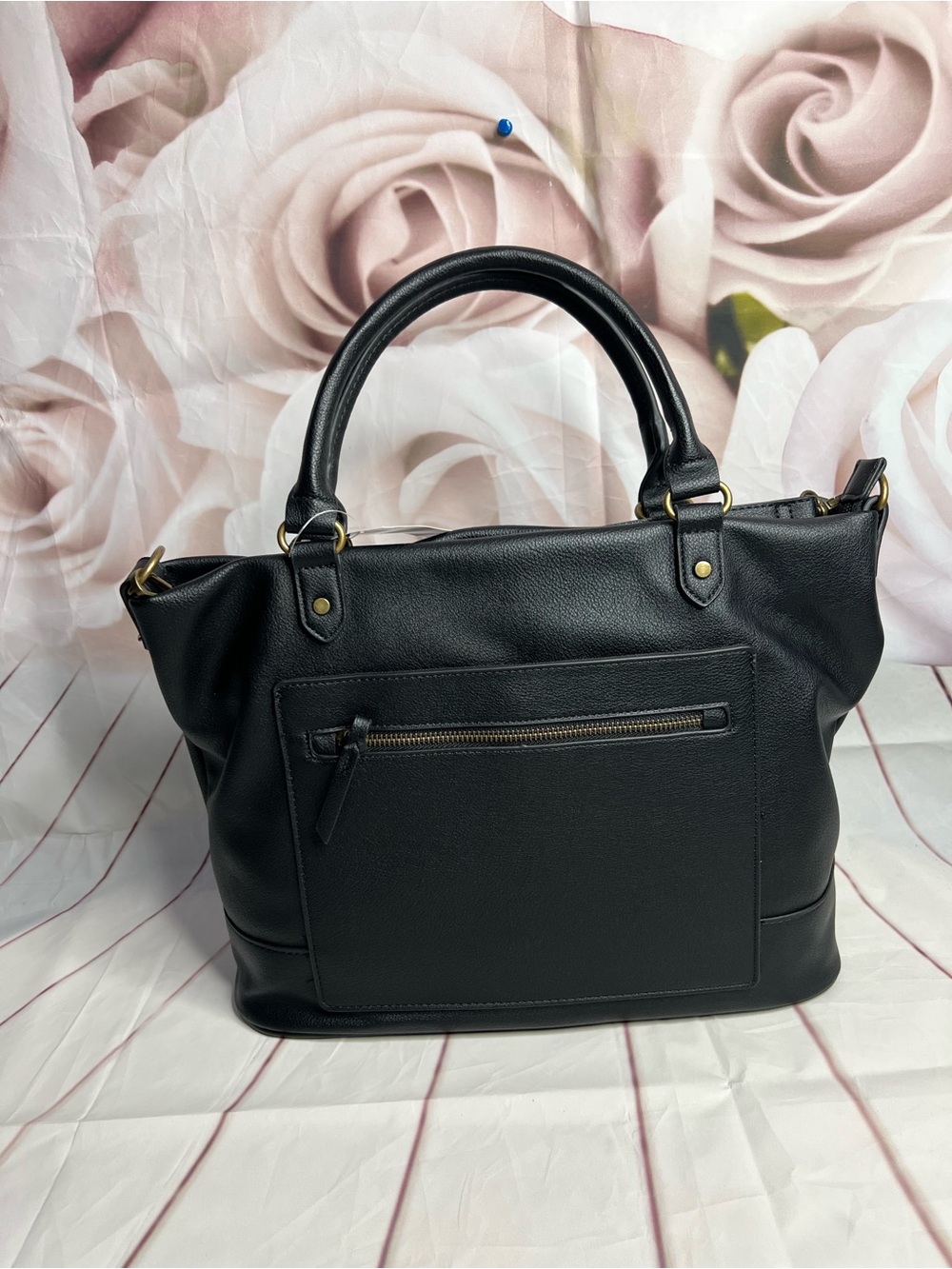 Style & Co. Black Leather Shoulder Tote with Front Zip Pocket Hudsonn tote